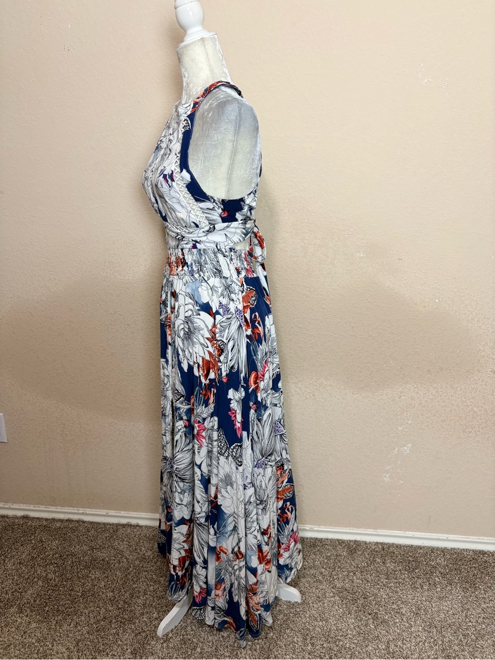 Jaase Navy & White Floral Halter Maxi Split Skirt Rayon Feminine Dress Size XS - Picture 7 of 13
